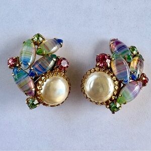 Vintage Art Glass Clip On Earrings Faux Pearl Rhinestone 1950s